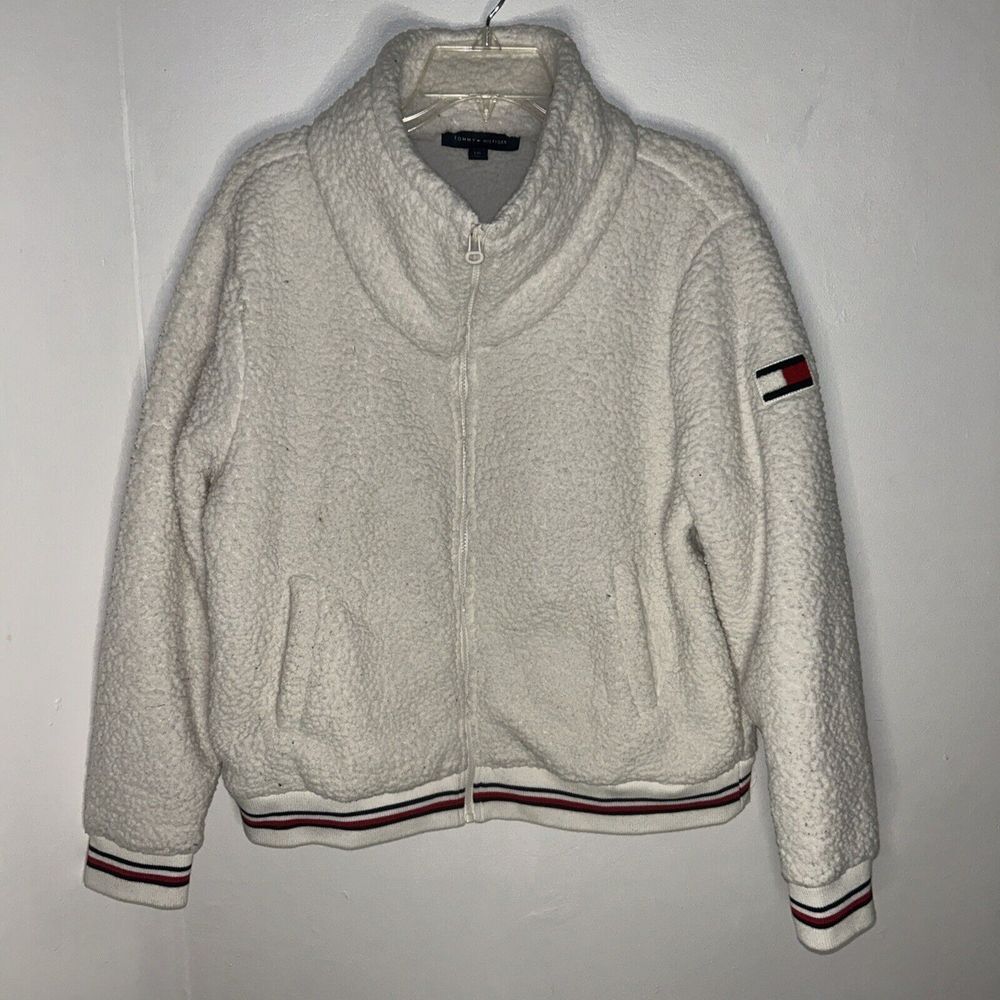 TOMMY HILFIGER WHITE VARSITY STRIPE SHERPA FLEECE BOMBER JACKET COAT  Large